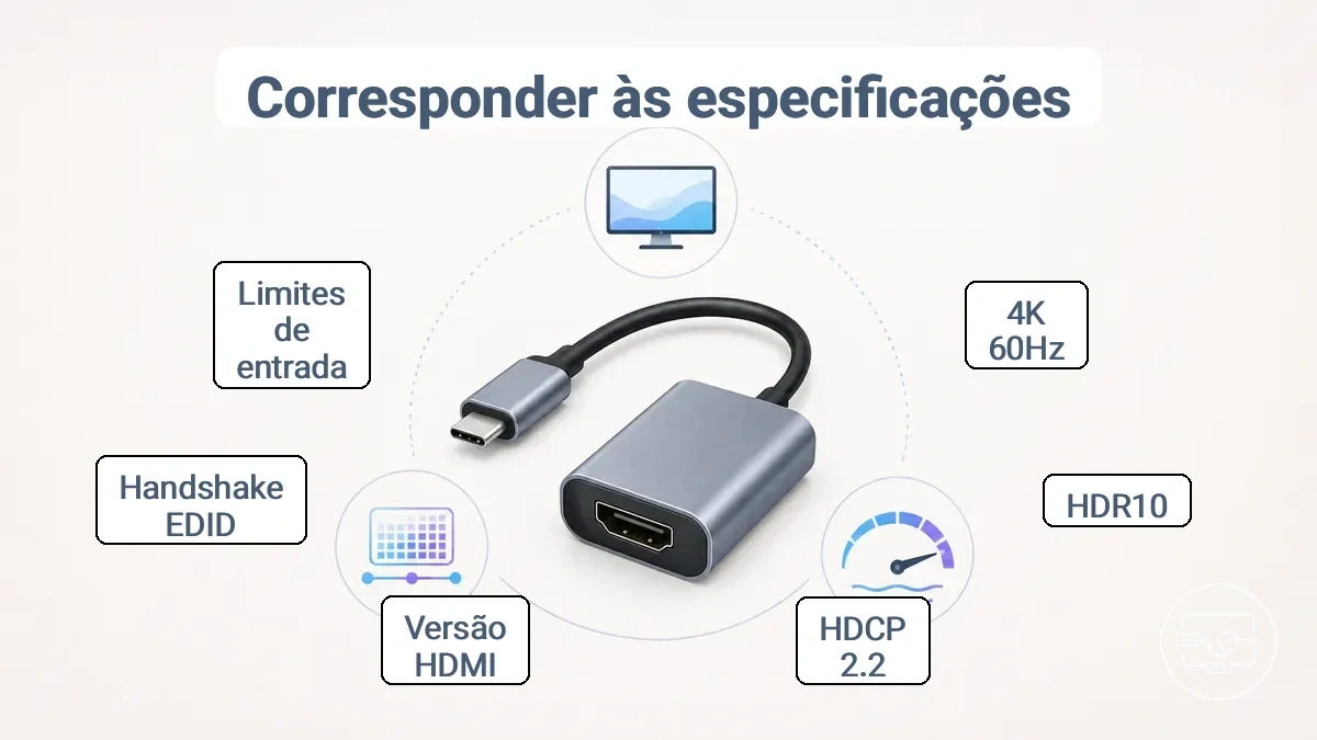 Gráfico de comparação mostrando alegações de desempenho do adaptador USB-C para HDMI e os requisitos específicos do monitor a verificar (4K 60 Hz, HDR, HDCP).