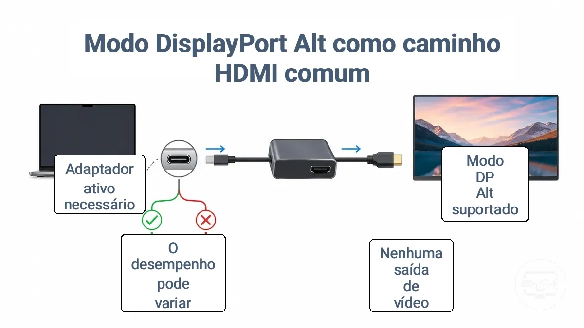 Diagrama mostrando o caminho do DP Alt Mode USB-C através de um adaptador para um monitor HDMI e o que muda quando o Alt Mode não é suportado.