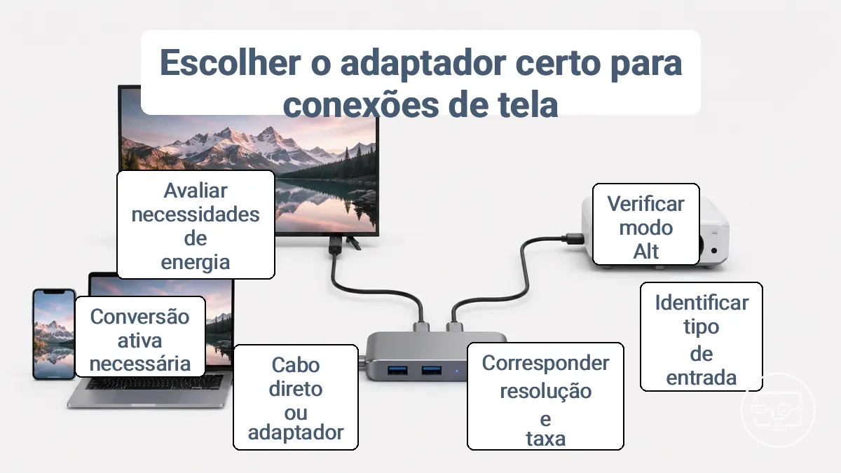 Fluxograma ilustrando a lógica de seleção desde a saída do dispositivo até a aceitação do monitor, passando pelo tipo de adaptador e o resultado esperado