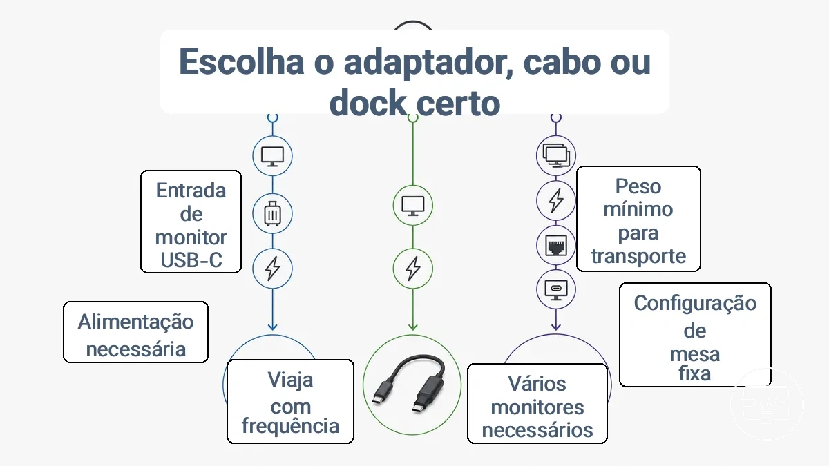 Árvore de decisão para escolher entre adaptador, cabo ou dock USB-C para HDMI com base nos objetivos do usuário e no ambiente de configuração