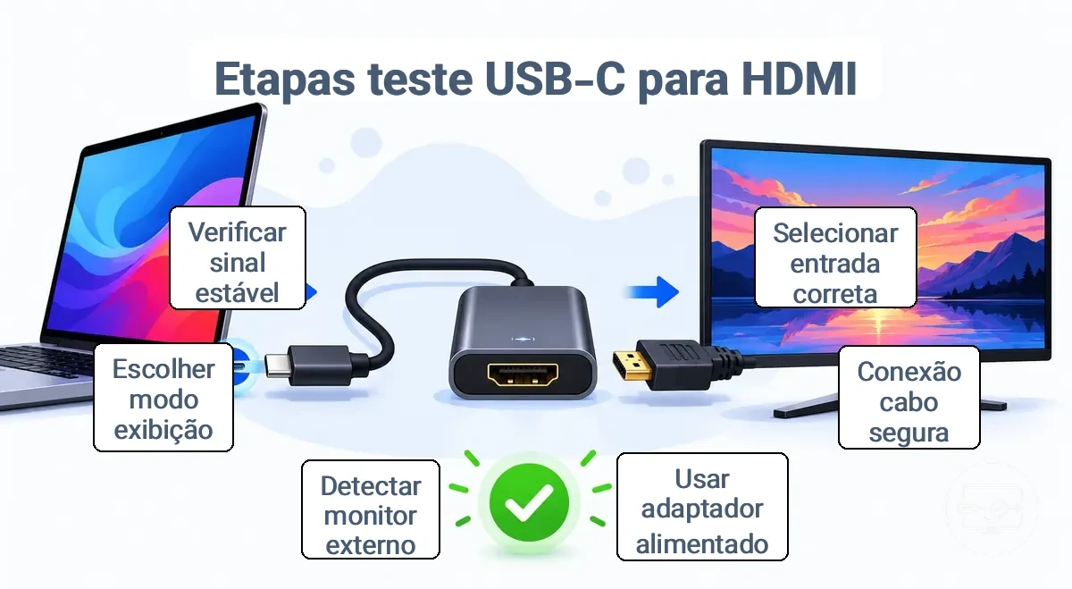 Ilustração das etapas de conexão do teste USB-C para HDMI