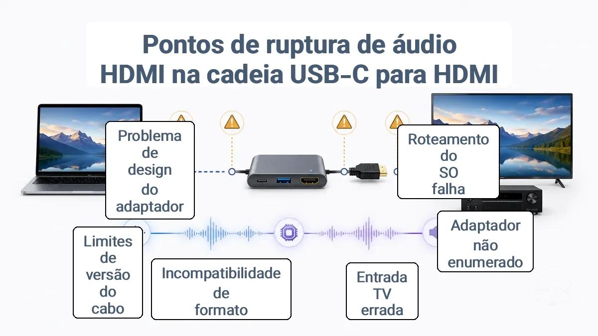 Diagrama mostrando onde o áudio HDMI pode falhar em uma conexão USB-C para HDMI: do sistema operacional ao adaptador/hub e à TV/receiver.