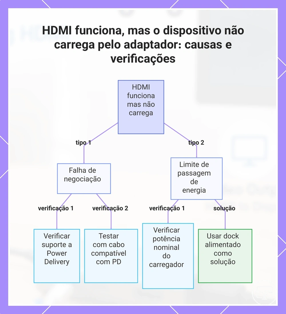 HDMI funciona, mas o dispositivo não carrega pelo adaptador: causas e verificações