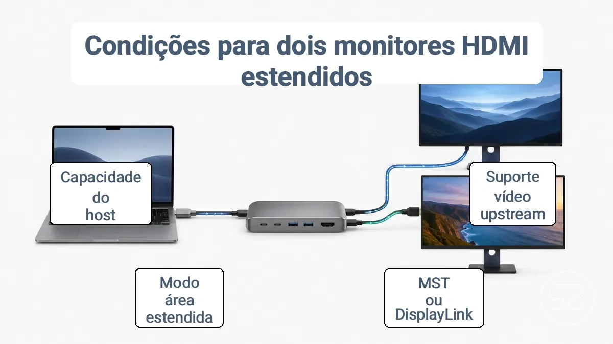 Condições de compatibilidade para hub USB-C com monitores HDMI duplos estendidos