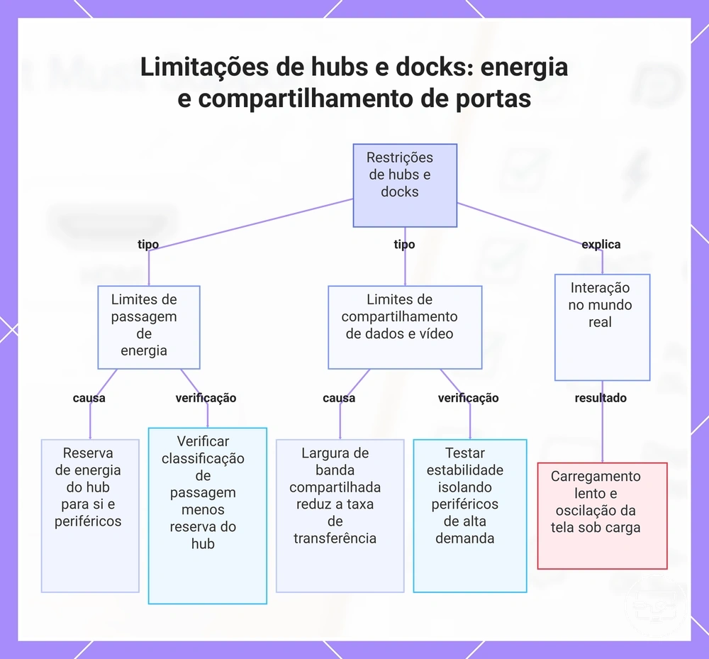 Limitações de hubs e docks: energia e compartilhamento de portas