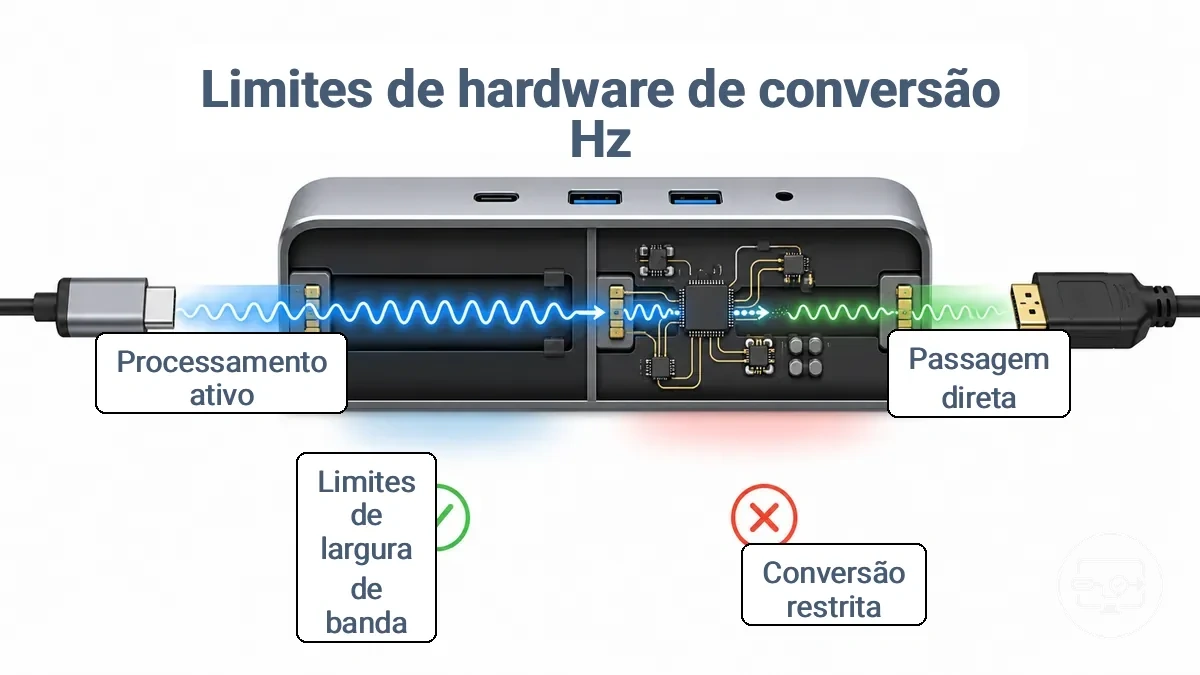 Diagrama comparando caminhos de sinal de passagem direta e com restrição de conversão em hubs e adaptadores USB-C