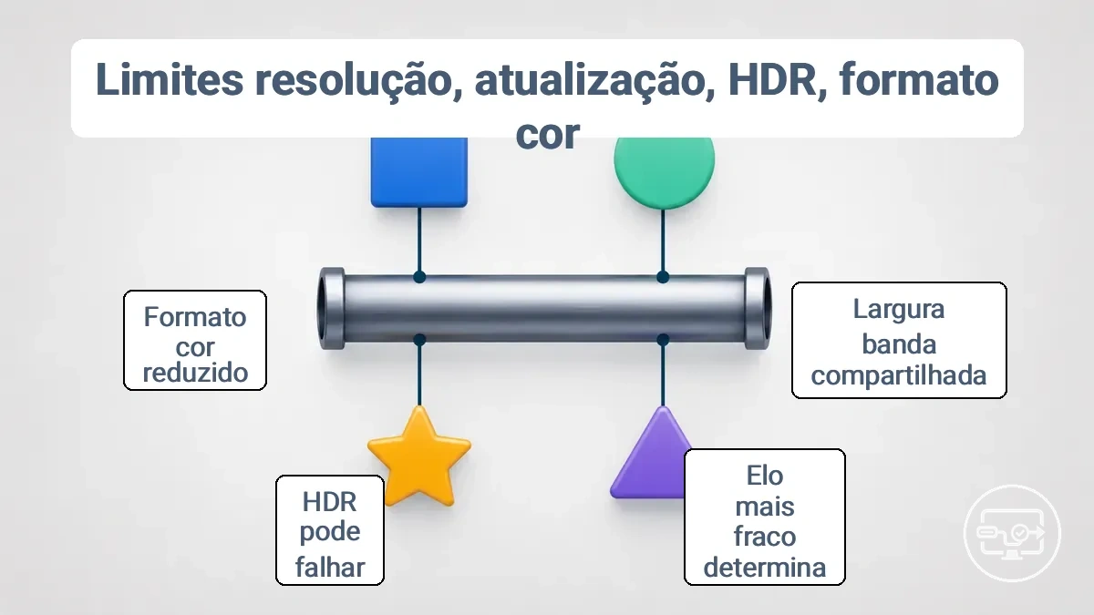 Diagrama mostrando como os limites de resolução, taxa de atualização, HDR e formato de cor dependem da largura de banda na cadeia USB-C para HDMI.