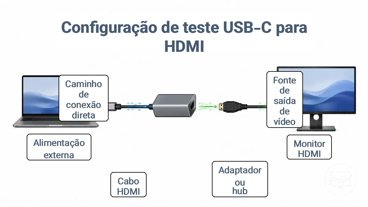 Diagrama de um dispositivo USB-C conectado através de um adaptador e cabo HDMI a um monitor, mostrando a cadeia de sinal do teste.