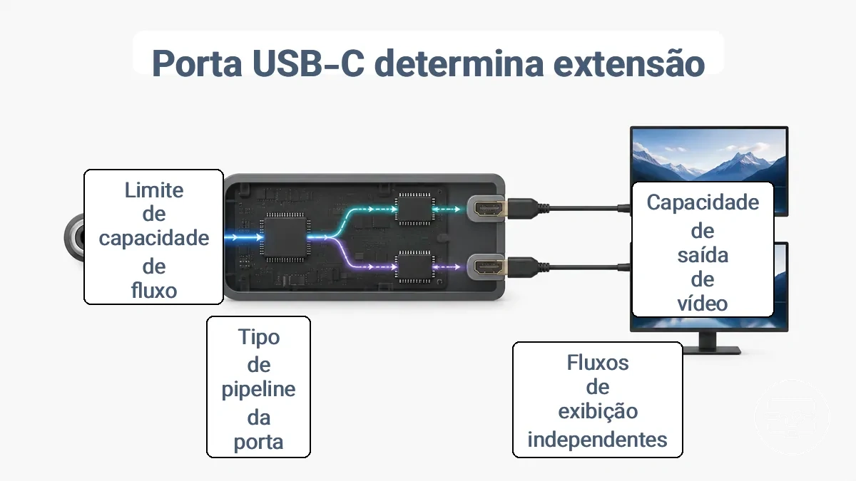 Diagrama mostrando como a capacidade de vídeo da porta USB-C e os fluxos de exibição independentes afetam a extensão para dois monitores HDMI.