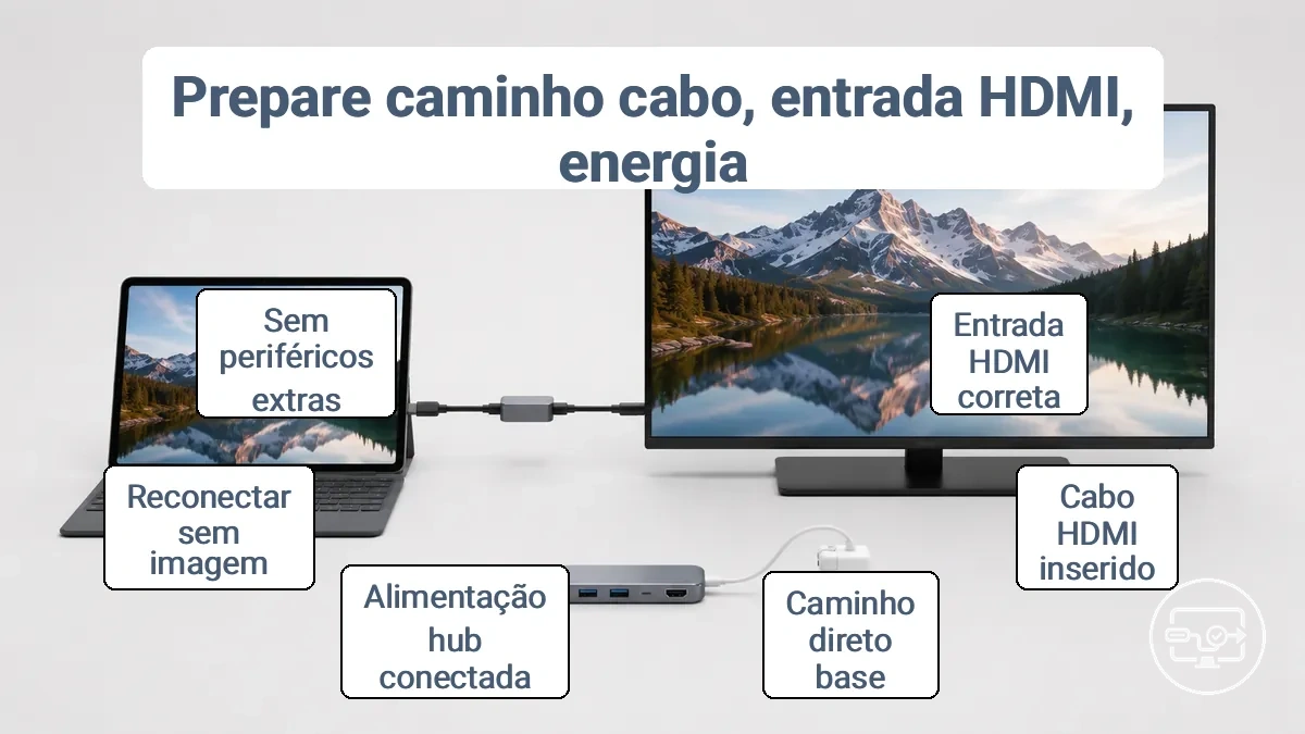 Configuração USB-C para HDMI preparada mostrando a entrada HDMI correta, caminho de cabo simplificado e alimentação opcional do hub.