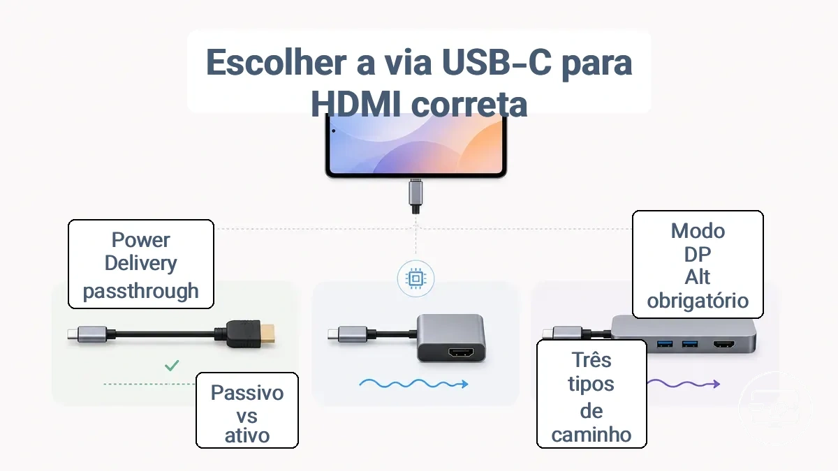 Comparação dos caminhos de adaptador, cabo e hub USB-C para HDMI com critérios de decisão entre conversão passiva e ativa