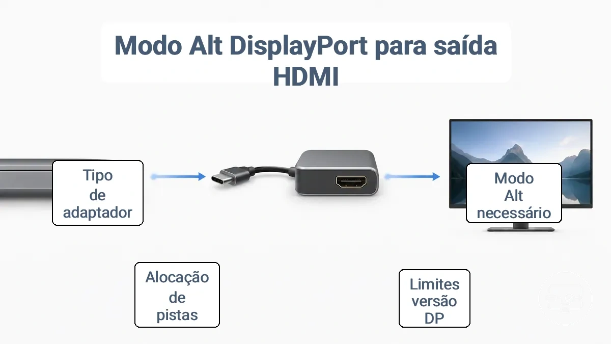 Diagrama mostrando a conversão do adaptador USB-C para Modo Alternativo DisplayPort para monitor HDMI