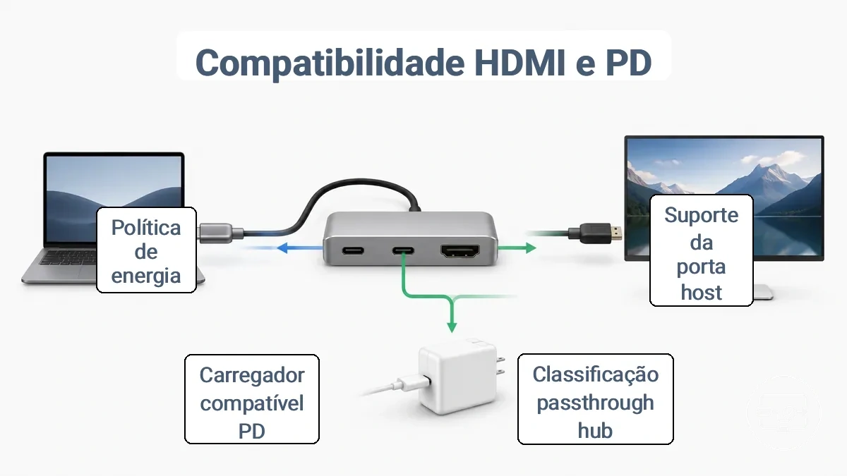 Diagrama de fluxo dos requisitos de compatibilidade para saída HDMI e pass-through de carregamento PD