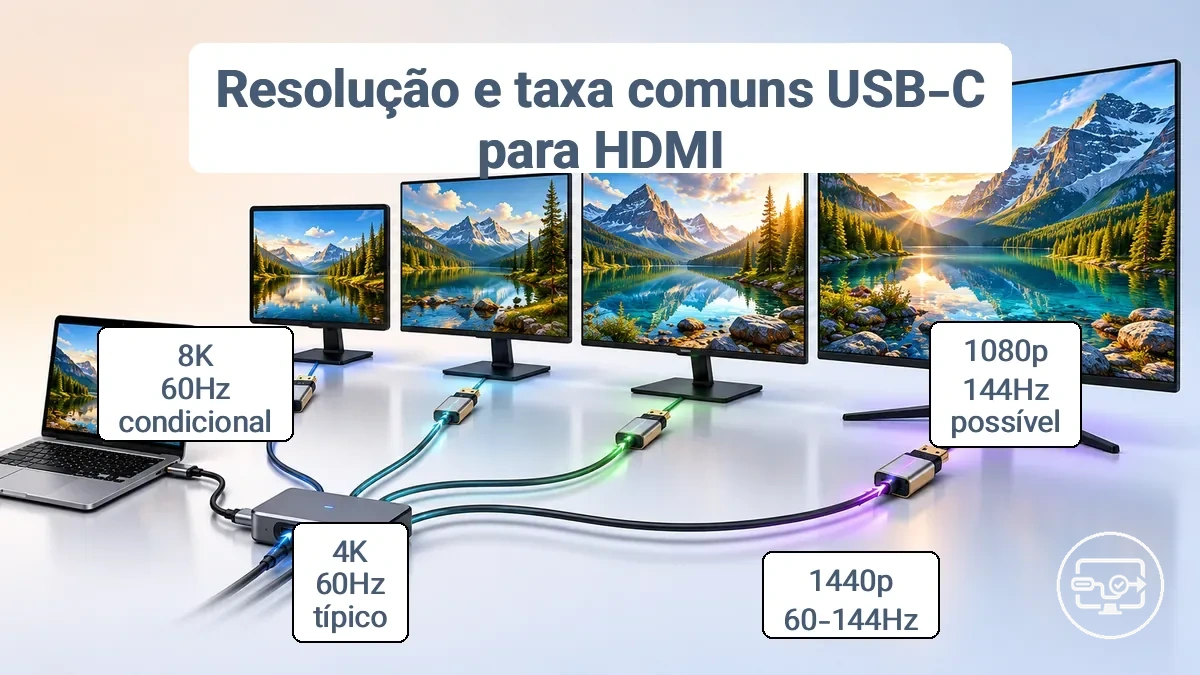 Comparação dos resultados de resolução e taxa de atualização via USB-C para HDMI por capacidades de cabo e adaptador.