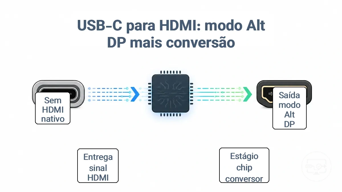Diagrama mostrando a saída DP Alt Mode de uma porta USB-C e a conversão para sinal HDMI