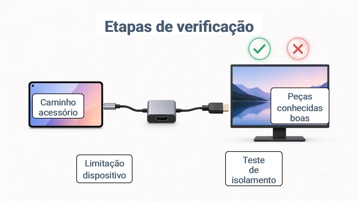 Fluxograma simples de isolamento mostrando dispositivo, cabo HDMI, adaptador e tela com resultado passa/falha