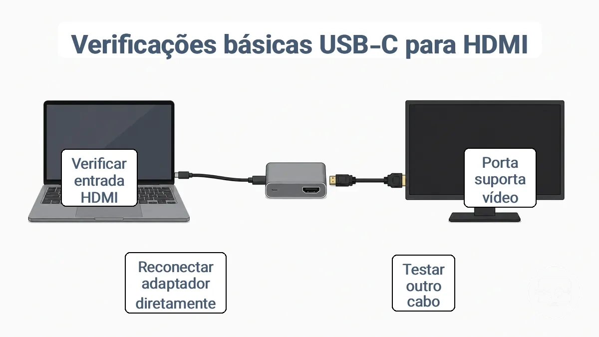 Fluxograma de verificação básica: porta USB-C do dispositivo para adaptador ou hub para cabo HDMI para entrada do monitor com pontos de verificação identificados.