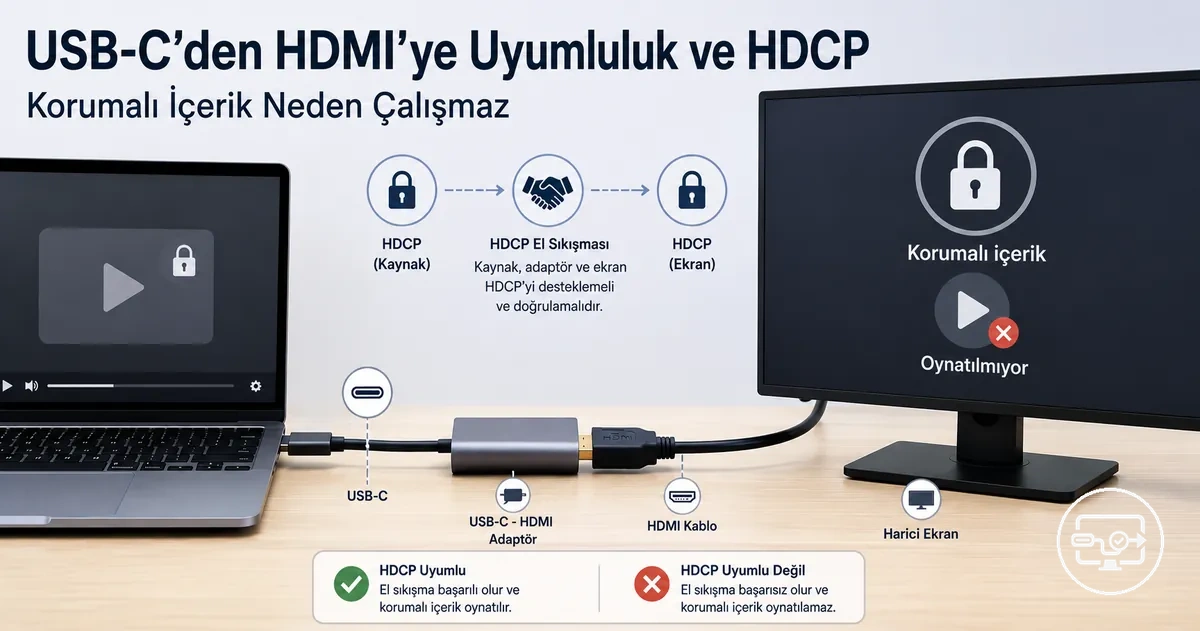 USB-C’den HDMI’ye uyumlulukta HDCP: korumalı içerik oynatma ve hata durumları
