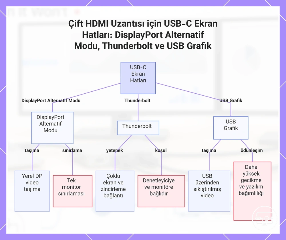 Çift HDMI Uzantısı için USB-C Ekran Hatları: DisplayPort Alternatif Modu, Thunderbolt ve USB Grafik