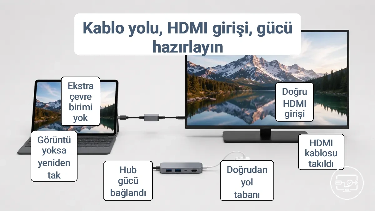 Hazırlanmış USB-Cden HDMIya kurulum; doğru HDMI girişini, basitleştirilmiş kablo yolunu ve isteğe bağlı hub gücünü gösteriyor.