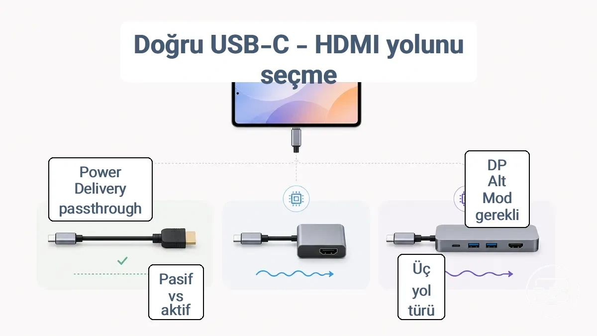 Üç yaygın USB-Cden HDMIye yol türünün adaptör kablo hub pasif ve aktif dönüşüm karar kriterleriyle karşılaştırması