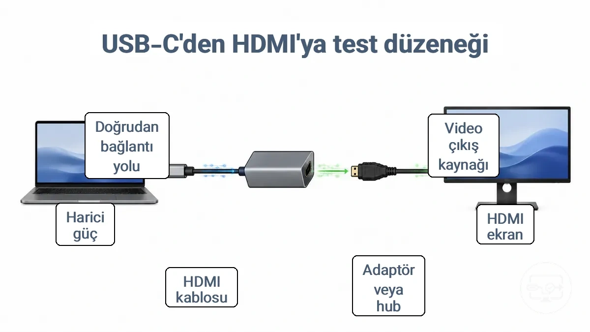 Bir USB-C adaptörü ve HDMI kablosu aracılığıyla bir monitöre bağlanan USB-C cihazının test sinyal zincirini gösteren diyagram.