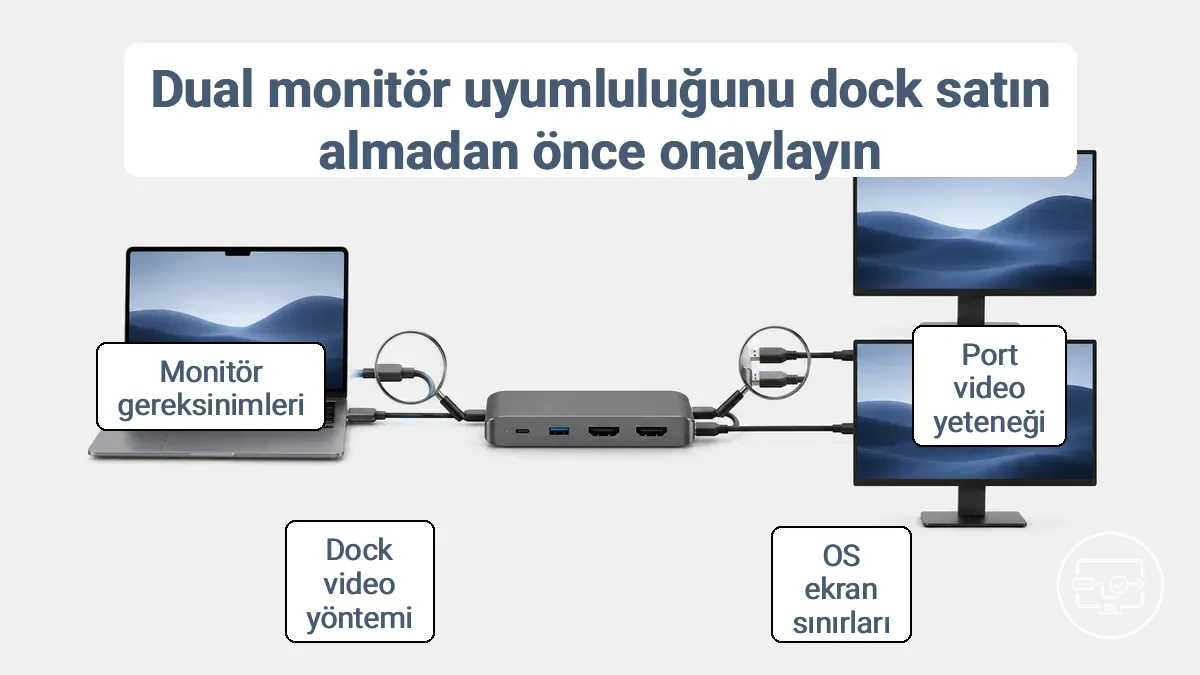 Çift monitör uyumluluk kontrolü: bağlantı noktaları, dock yöntemi ve monitör gereksinimlerinin doğrulanması