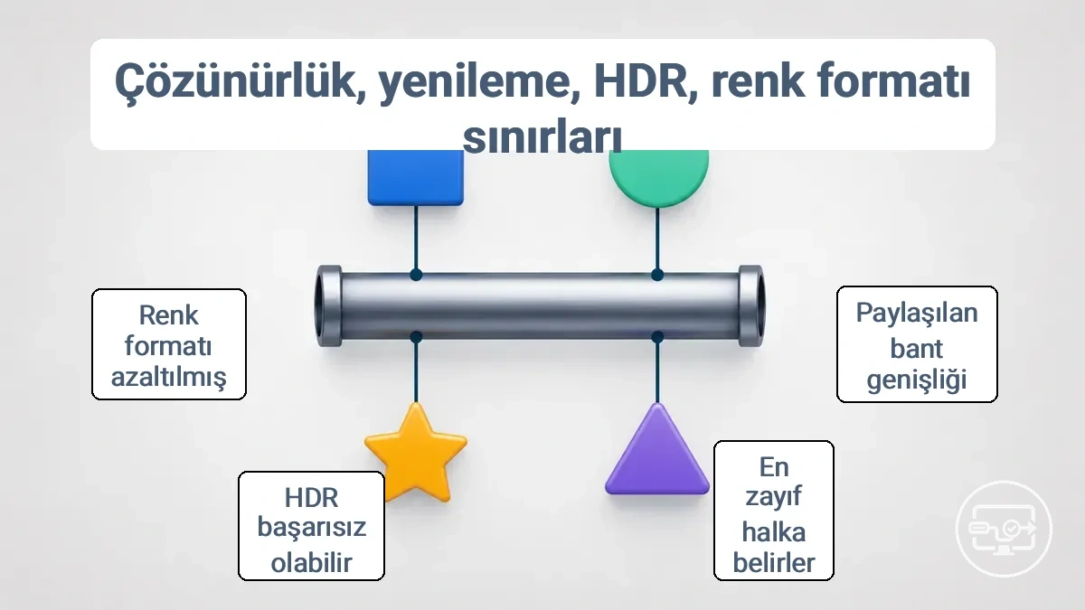 Çözünürlük, yenileme hızı, HDR ve renk biçimi sınırlarının USB-Cden HDMIya zincirinde bant genişliğine bağlı olduğunu gösteren diyagram