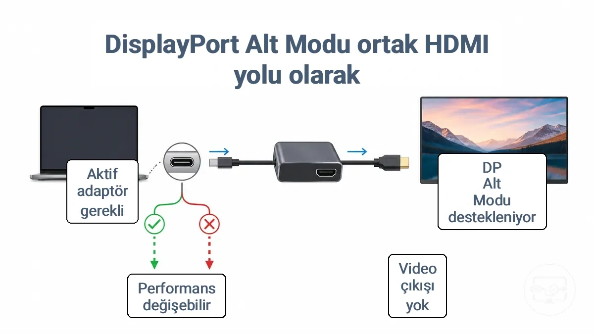 USB-C DP Alt Modu yolunun bir adaptör aracılığıyla HDMI ekrana gidişini ve Alt Modu desteklenmediğinde neyin değiştiğini gösteren şema.