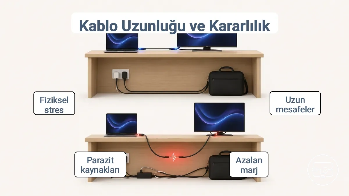 Kısa ve uzun USB-C’den HDMI’ya kablo mesafelerini karşılaştıran ve yönlendirme ile parazitin kararlılığı nasıl etkileyebileceğini gösteren illüstrasyon.