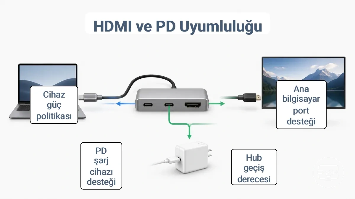 HDMI çıkışı ve PD şarj geçişi için uyumluluk gereksinimleri akış şeması