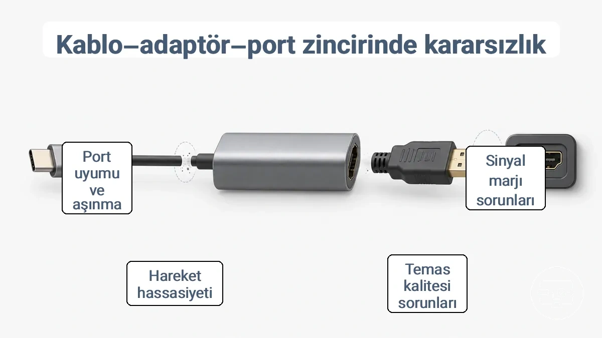 USB-C’den HDMI’ya kablo–adaptör–bağlantı noktası zincirini gösteren, marj ve temas kaynaklı kararsızlık noktalarını vurgulayan diyagram