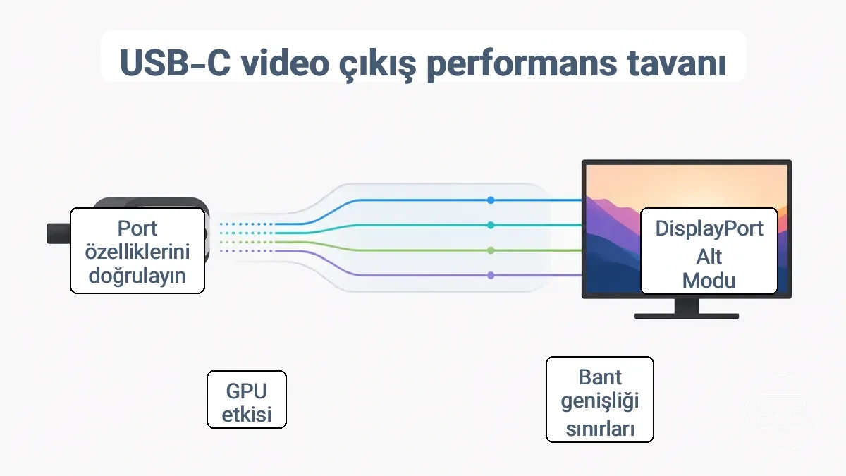 USB-C video çıkış yeteneğini ve 4K ile HDR modlarını etkileyen hat tahsisini gösteren açıklamalı diyagram