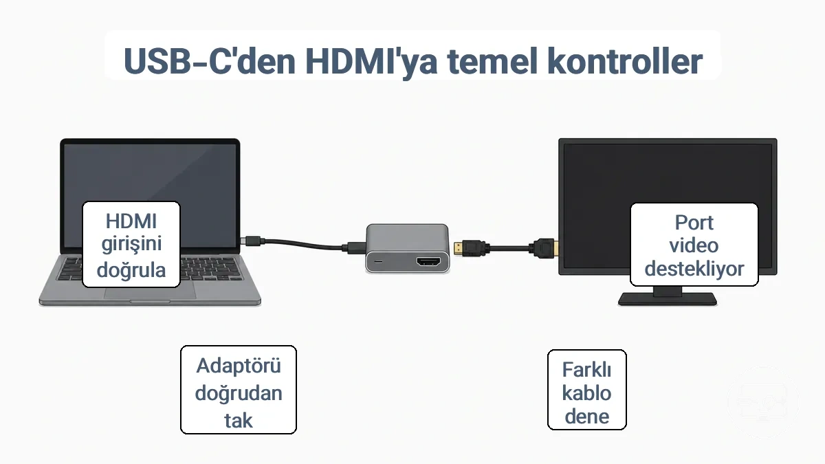 Temel kontrol akış şeması: Etiketli kontrol noktalarıyla cihaz USB-C bağlantı noktasından adaptör veya huba, HDMI kablosuna ve ekran girişine.