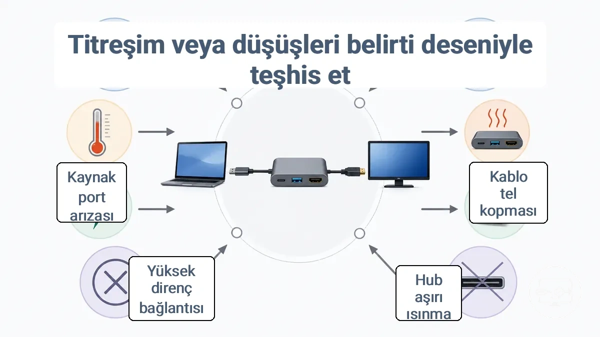Titreme ve sinyal kaybı için tetikleyici koşulların (hareket, ısı, güç olayları) olası arızalı bağlantıya (kablo, konektör, hub) işaret ettiğini gösteren işaretli belirti-neden haritası.