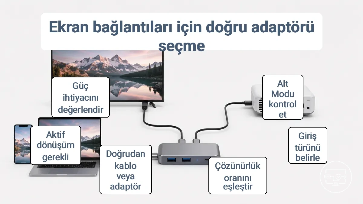 Cihaz çıkışından adaptör türüne, ekran kabulüne ve beklenen sonuca kadar seçim mantığını gösteren akış şeması