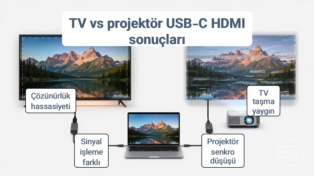TV ve projeksiyon cihazlarının USB-Cden HDMIya sinyalleri işleme farklarını gösteren diyagram: TVde taşma, projeksiyonda senkron kaybı
