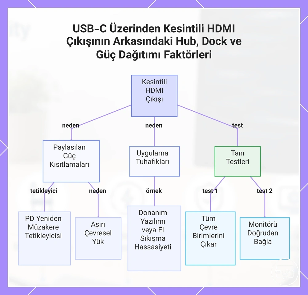 USB-C Üzerinden Kesintili HDMI Çıkışının Arkasındaki Hub, Dock ve Güç Dağıtımı Faktörleri
