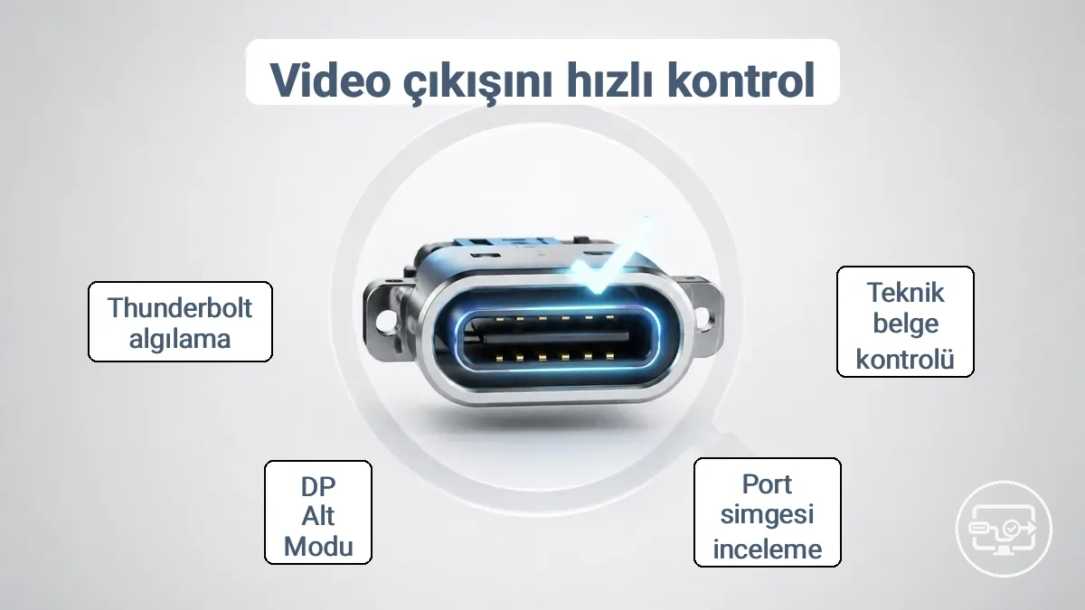 USB-C bağlantı noktası işaretlerini ve video çıkışı desteğini onaylamak için kullanılan bir özellik satırını gösteren açıklamalı örnek.