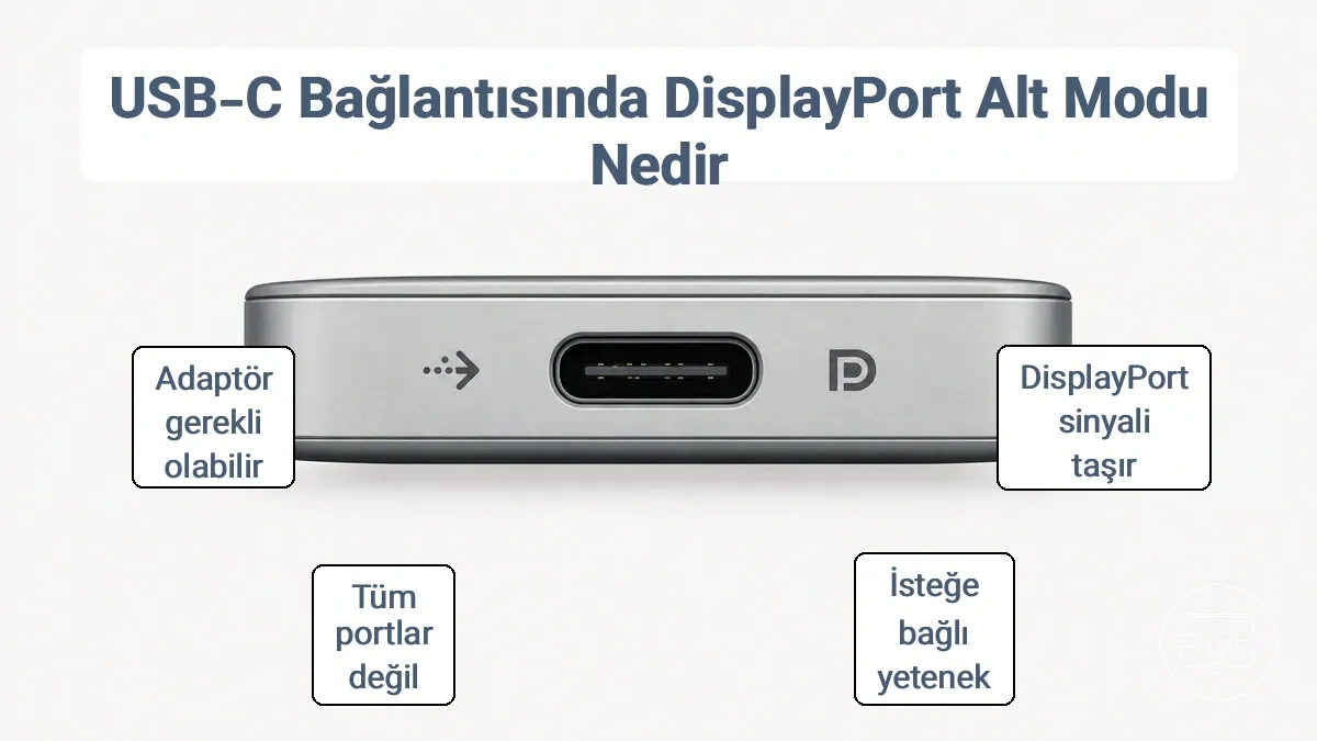 DisplayPort Alt Modu desteğini ve etiketlerin belirsizliğini gösteren USB-C bağlantı noktası işaretlemeleri