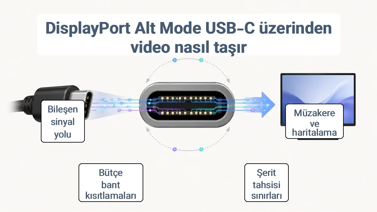 USB-C cihazından DP Alt Modu ve HDMI ekrana dönüşüm yoluyla sinyal yolu akışı