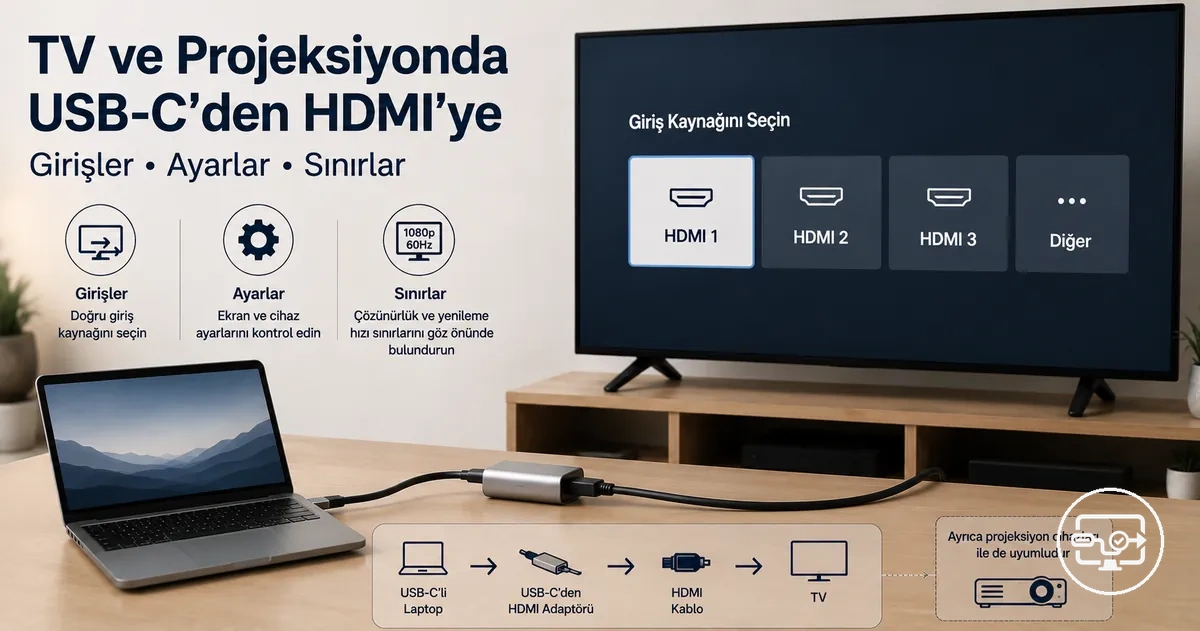 TV veya projeksiyonda USB-C’den HDMI’ye uyumluluk: giriş seçimi ve bağlantı düzeni