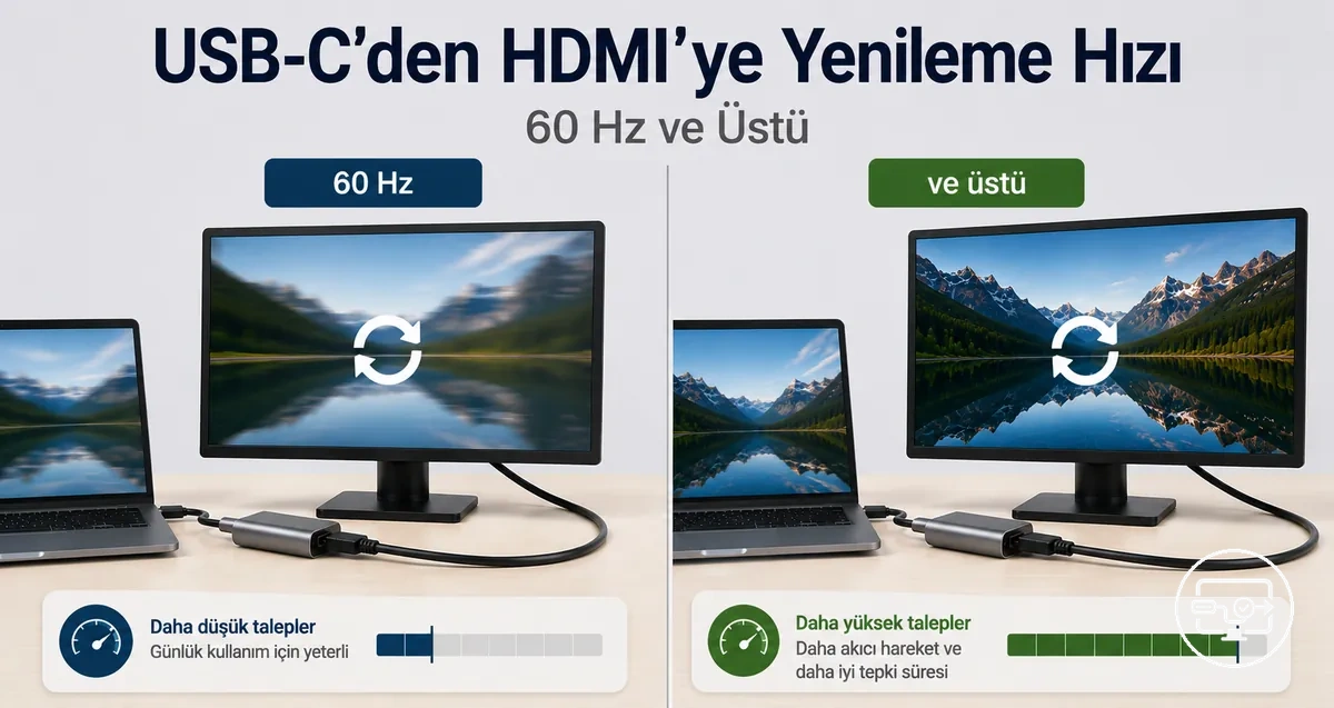USB-C’den HDMI’ye uyumlulukta yenileme hızı karşılaştırması: 60 Hz temel, daha yüksek beklentiler